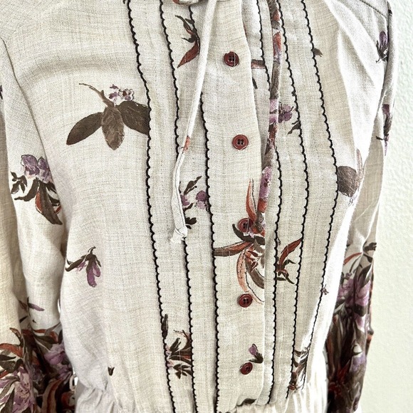 Vtg 70’s Sunshine Alley Brown Beige Floral Bird Print Dress Sz 16 With Tie Neck - Picture 4 of 16
